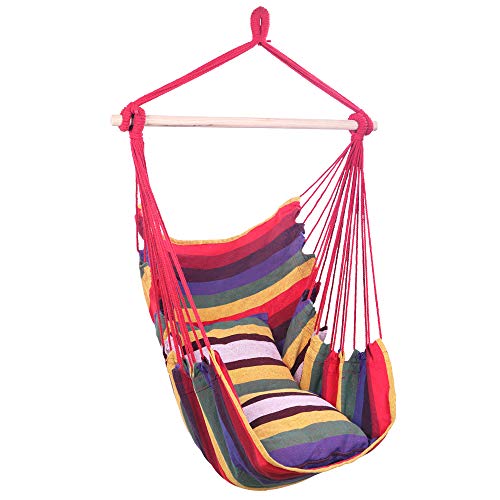 Hammock Chair Large Hammock Chair Relax Hanging Swing Chair Cotton Weave Perfect for Indoor/Outdoor Home Bedroom Patio Deck Yard Garden- 2 Seat Cushions Included (Rainbow)