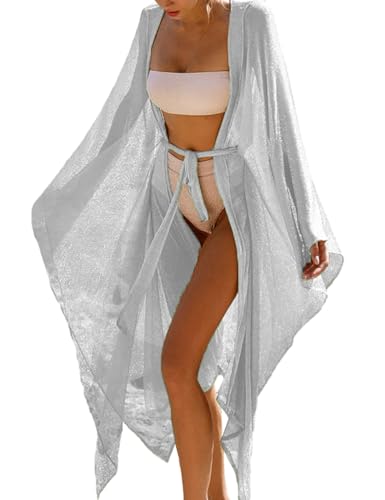 Bsubseach Women Sparkly Kimono Swimsuit Cover Up Open Front Sheer Loose Long Cardigan Beach Cover Ups