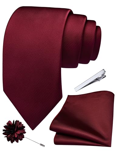 Branduce Burgundy Tie Set for Men Wedding Solid Jacquard Woven Wine Red Necktie Pocket Square Tie Clip and Lapel Pin Brooch Set (TA15-06)
