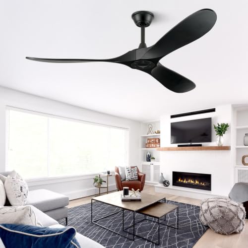 Image of Outdoor Ceiling Fan No Light for Patios, 52 In Black Ceiling Fan Without Light with Smart App & Remote Control, Damp Rated 3-Blade ABS Plastic, High CFM, Quiet DC Motor, Modern Indoor Porch Exterior
