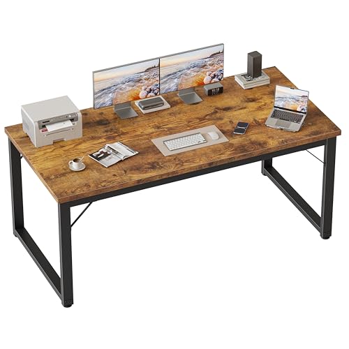 Image of 54 Inch Computer Desk, 1 inch Thick Large Office Table, Brown | Modern Simple Style, Heavy Duty Industrial Frame, Study & Writing Table for Home Bedroom Work