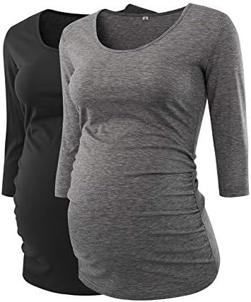BBHoping Women's Maternity Tops 3/4 Sleeve Round Neck Classic Side Ruched Pregnancy T-Shirt