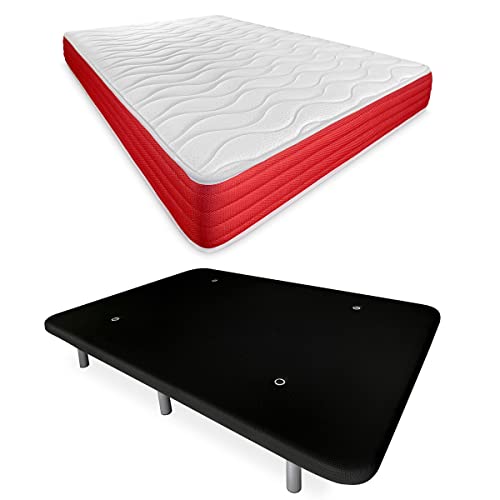 DUÉRMETE ONLINE - Cama Completa con Colchón Lite Reversible + Base Tapizada Reforzada Color Negro con 6 Patas Metálicas Roscadas, 90 x 190