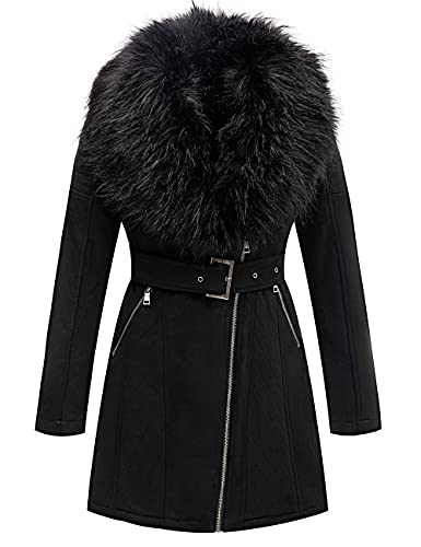 Geschallino Veste Longue en Faux Daim pour Femme avec Doublure en Polaire Hiver Chaude et col en Fourrure Amovible FF206 Noir M