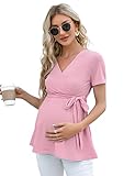 KOJOOIN Damen Stillshirt Schwangerschaftsshirt V-Ausschnitt Umstandsshirt Kurzarm Nursing Tops mit Gürtel Rosa(Kurzarm) L