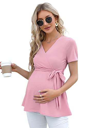 Chemise D'Allaitement Pour Femme KOJOOIN - Haut Maternité Col V Manches Longues Avec Ceinture