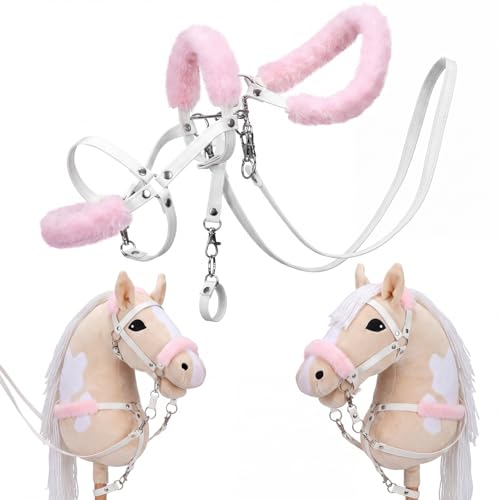 Shappy Hobby Horse Toy Accessories Realistic Horse Bridle with Metal Bit and Adjustable Reins Faux Leather and Stainless Steel for Equestrian Themed Events Competitions and Play (White Pink)