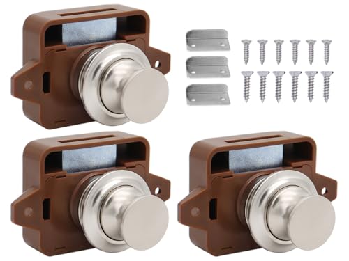 Abiyou 3PCS Chiusura a Pulsante, Serratura a Pulsante per Porta, Serratura Senza Chiave, Pulsante per Serratura Armadio, Serratura a Pulsante Cassetto, per Cassetti, Camper, Ante di Armadi (Marrone)