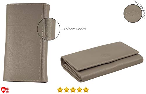 Image of Women's Top Grain Leather Wallet, RFID Blocking Bifold clutch, 17 Card Slots, Zip Pocket Organizer, Elegant Gift for Women - Birthday, Valentine, Anniversary - TAUPE