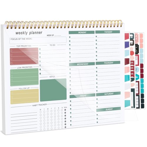 Weekly Planner To Do List Pad, Undated Weekly Planner Notebook 52 Tear off Sheets─To Do List Notebook for Study Work, Includes 4 Sheets of Stickers, 22 X 28 cm-Green-1 Year of Use