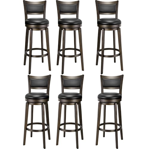 PrimeZone Swivel Bar Stools Set of 6, 34 Inch Extra Tall Bar Height Barstools, Black Faux Leather Bar Stool with High Backrest, Solid Wood Leg, Wrap-Around Footrest, Counter Stools for Pub