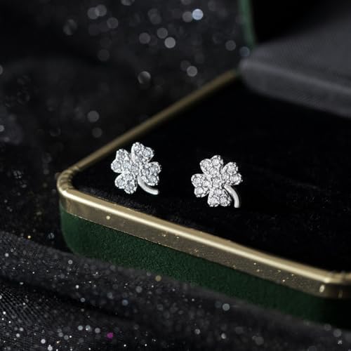 Reffeer Solid 925 Sterling Silver CZ Four Leaf Clover Earrings Stud for Women Teens Sparkle Leaf Stud Earrings4