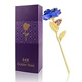 24K Golden Rose, ALLOMN Plastic Long Stem Real Rose Dipped in Gold with Gift Box, Best Valentine's Day Gift (Blue)