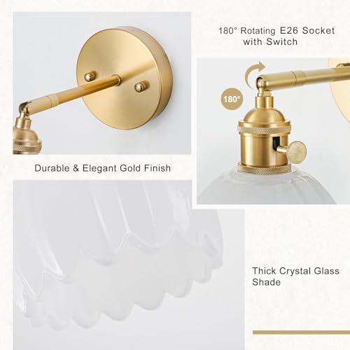 Image of Wall Sconces Set of Two Hardwired, Vintage Sconce Light with Tulip Milk White Glass Lampshade, Bathroom Wall Lights with Switch, Gold Wall Light Sconces Wall Decor Set of 2
