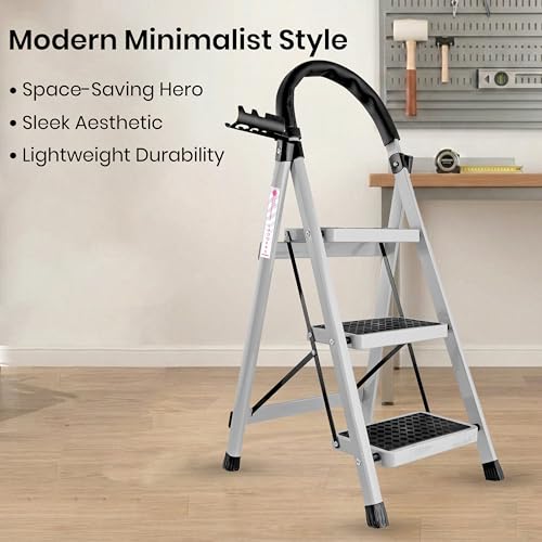 Image of Casa Copenhagen White 3 Step Ladder for Home Use with Built-in Tool Tray | Heavy Duty D Shape Rods | Ultra Large Platform | Wide Rubber Feet | 150Kg Capacity Foldable Ladder - 7 Years Warranty