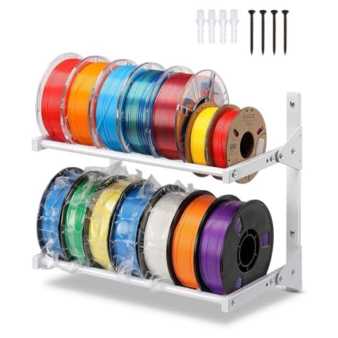 AHOWPD Wall Mount Filament Storage Rack- Wall Mount 3D Printer Filament Storage Rack 2 Tier Filament Spool Holders Racks, Heavy Duty Metal Shelf for PLA/ABS/TPU, Filaments Organzied (White) Cover