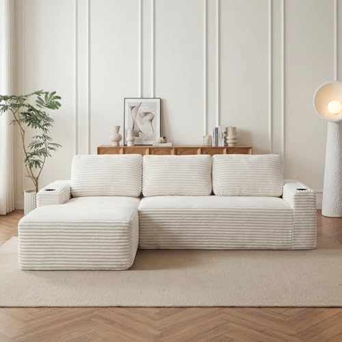 Image of 104 inch L Shaped Boneless Sectional Couches for Living Room, Comfy Corduroy Floor Cloud Sofa with Chaise and Cup Holder, Wide Armrest, Deep Seat, Assembly Free, Ideal for Small Spaces, Beige
