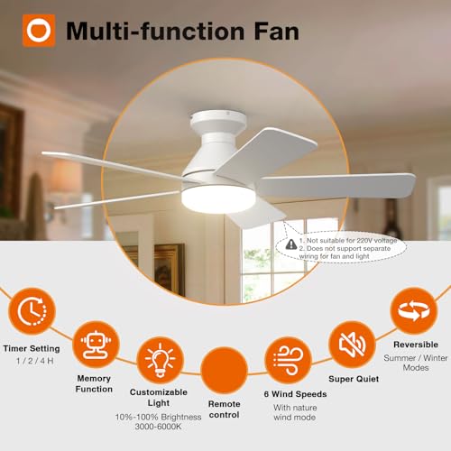 Image of addlon Ceiling Fans with Lights, 42 Inch Low Profile Ceiling Fan with Light And Remote Control, Flush Mount, Reversible, 3CCT, Dimmable, Quiet, White Small Ceiling Fan for Bedroom Indoor /Outdoor Use