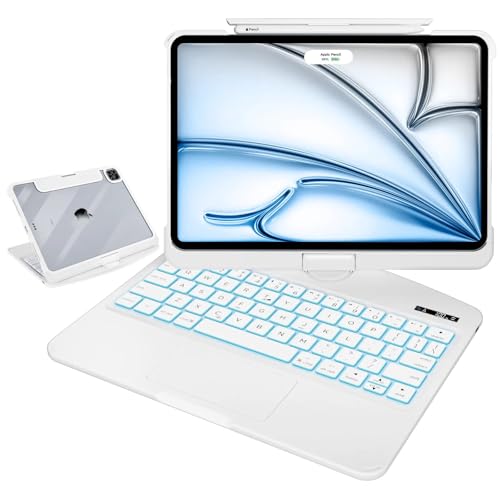 MAYDORHER for iPad Pro 11 Inch Case with Keyboard, 360 Rotating for iPad Pro M4 Magic Keyboard with Cyberpunk High-tech Style, Pressure Reduction Sound Effect, 7 Colors Backlight, White