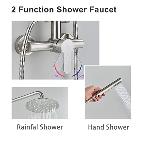 Mosson Outdoor Shower Fixtures Sus304 Outdoor Shower Faucet Kit Stainless Steel 8 Inch Shower Head And Hand Spray Single Handle 2 Function Shower System Wall Mount Brushed Nickel #TOP4