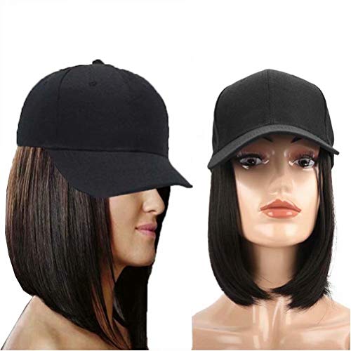 iLUU Short Bobo Synthetic Hair Extensions with Black Baseball Cap Heat Resistant Fiber 9 Inch Brown Black Hairpiece Hat ( Black Cap+Black Brown Hair )