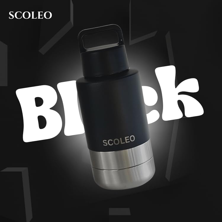 SCOLEO 3 in 1 Water Bottle for Dogs - 32 oz Insulated Bottle with Detachable Bowls, Leak-Proof and Stainless Steel, Travel-Friendly - Dog Portable Water Bowl (Black)