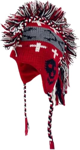 Mohawk Hat with Lining Winter Hat with Earflap Bone Skull Mohawk Style One Size Adult Unisex Hat Beanie (Red)