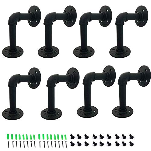 Yuanshikj Industrial Pipe Shelf Brackets Double Flange Bracket Iron Metal Fittings DIY Shelves Vintage Furniture Wall Mounted Heavy Duty Decorative Rustic Shelving Bracket (8Pc 3.9\"x5.9\" Black)