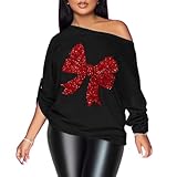 PESION Women's Christmas Sparkle Tops Shimmer Glitter Loose Off Shoulder Tops Party Tunic Shirts, Black+ Red Bowknot, Medium
