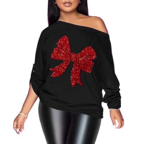 PESION Womens Off The Shoulder Tops Sexy Shiny Metallic Shirts Long Sleeves Fashion Graphic T-Shirts Blouses Black+ Red Bowknot Small