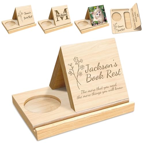 Image of Personalized Wooden Triangle Book Holder Stand Custom Solid Oak Wood Book Rest with Cup Holder Engraved Text Bookshelf for Page Rest Christmas Birthday Gifts for Readers Teachers