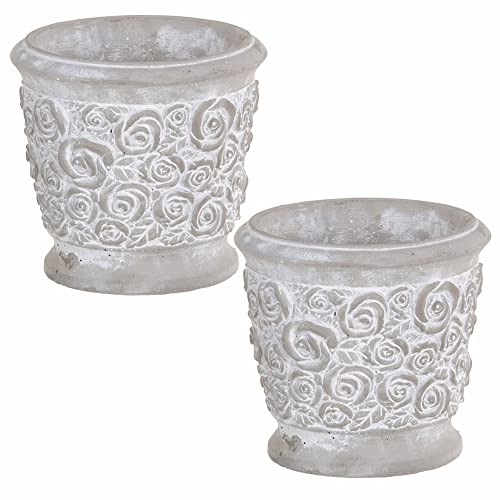 LOLAhome Set de 2 maceteros de pie con Flores de Cemento Beige de Ø 19x17 cm