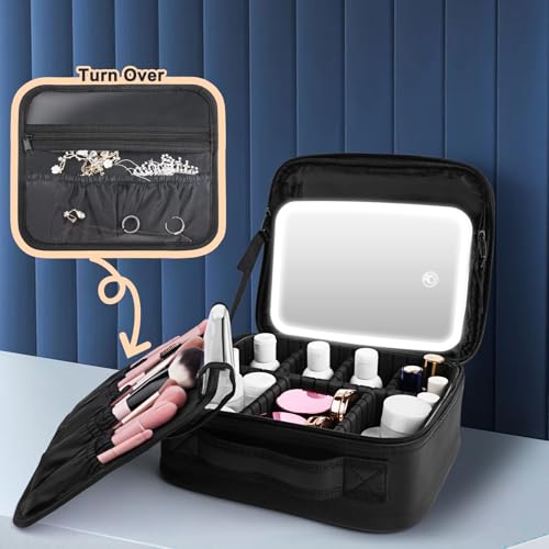 Travel Makeup Bag With LED Mirror,Cosmetic Train Case Leather Make up Organizer2