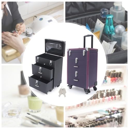 3 Ebenen Rolling Makeup Train Case Kosmetikkoffer Schminkkoffer Kosmetikkoffer Hartschale Schminkkoffer Damen Beauty Case mit Teleskopgriff und Rollen mit Bremsen, Rechteckig, für Make-up-Künstler