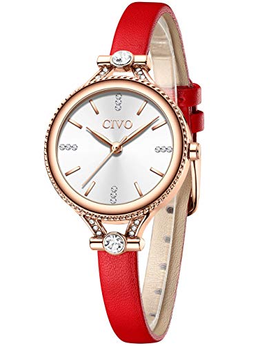 CIVO Montre Femme Slim Cuir Etanche Bracelet à Quartz Analogique Diamant Mode Rouge