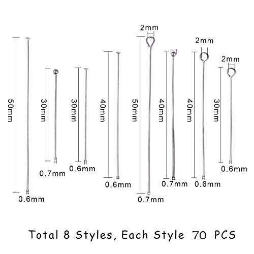 Ph Pandahall 560Pcs 8 Styles 304 Stainless Steel Eye Pins 30Mm 40Mm 50Mm Head Pins Ball 22 Gauge Head Pins Findings Open Eye Pin For Earring Bracelet Pendant Jewelry Making, Stainless Steel Color #TOP4