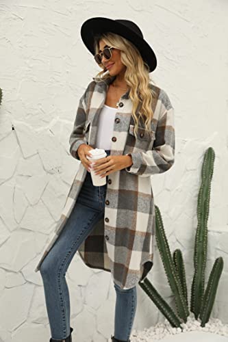 Seekme Women's Long Plaid Shirt Jacket Shacket Lapel Button Down Woolen Blend Casual Tartan Over Shirt Trench Coat (Dark Grey, X-Large) #TOP7