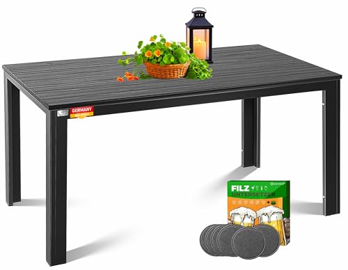 KESSER® Gartentisch 156x78cm für bis 6 Personen Esstisch Wetterfest & UV-Beständig | Outdoor Tisch mit pulverbeschichteter Stahl-Gestell & Kunststoff Tischplatte in Holz-Optik inkl. 6 Filz-Untersetzer