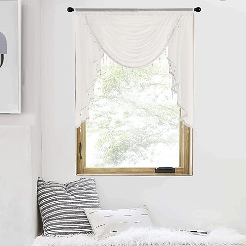 NICETOWN Sheer Valances for Living Room, Farmhouse Light Filering Window Covering Swag Curtain for Kitchen, Country Beaded Curtains for Nursery Kids R