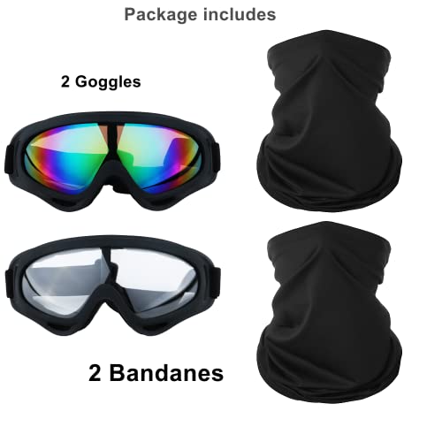 Image of LJDJ Motorcycle Goggles,2 Pack Dirt Bike ATV Motocross Windproof Anti-UV Adjustable Riding Cycling Hiking Protective with 2 Pack Neck Breathable Bandana Mask for Men Women Kids Youth Adult