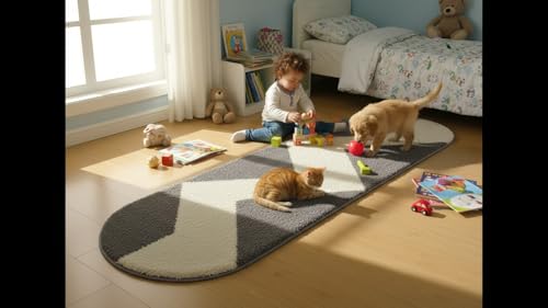 Image of Fluffy Silky Micro Fiber Polyster Carpet /Runner for Bedroom, Study Room, Playing Room, Guest Room ETC. 1.5x4 Feet, (Grey and Ivory Chevron Pattern)