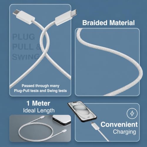 Image of ZYBUX USB-C to USB-C Braided 3.3 Feet (1M) Fast charging Type C Cable, for16 Pro max, 16 Pro, 16 Plus, 15 Pro Max, 15 pro, 15 Series and other Devices, Durable Cord, PD, White