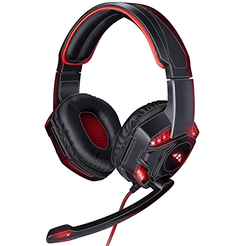BAKAJI Cuffie Gaming Over-Ear con Illuminazione Led Rossa e Microfono, Cavo da 1,5 Metri, Cancellazione del Rumore, Leggere e Robuste, Attacco Jack da 3.5mm, Suono Alta Qualità, Pc, Playstation, Xbox