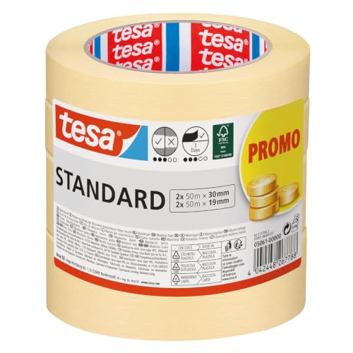 tesa Malerband Standard - 4er Pack - Malerabdeckband mit starker Haftung zum Abkleben bei Malerarbeiten - lösungsmittelfrei - 2 x 50m x 19mm + 2x 50m x 30mm
