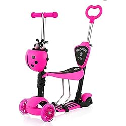 Patines Con Muelles YOLEO Patinete para Niños 5-en-1, Patinete 3 Ruedas LED Parpadeantes, Scooter para Niños con Manillar Ajustable Asiento Extraíble de 2 a 8 años, Carga Máxima de 50 kg, Regalo para Niños (Rosa)