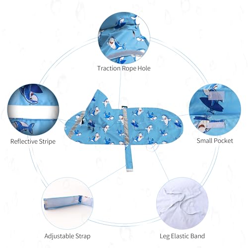 NACOCO Large Dog Raincoat Adjustable - Pet Shark Water Proof Clothes Lightweight Rain Jacket Poncho Hoodies with Strip Reflective Blue (2XL, Blue Shark) — view 3