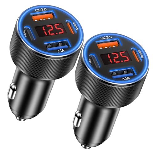 Car Charger USB C, Besgoods 4 Ports Cigarette Lighter USB Charger USB C Car Adapter PD/QC Fast Charging with Voltmeter for iPhone 16 15 14 13 12 Galaxy S24 S23 A54 A15 Android Dash Cam, 2Pack