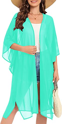 Image of Indian Trendy Women's Solid Puff Sleeve Kimono Long Cardigan Loose Cover Up Casual Blouse Top Chiffon