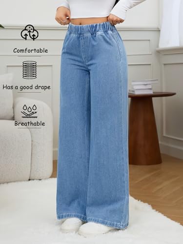 Image of ADBUCKS Women's Stretchy Elastic Waist Wide-Leg Jeans - Minimalist Pocket-Free Drapey Denim Pants, Comfortable Pull-On Style, Ideal for Daily Commute & Casual Wear