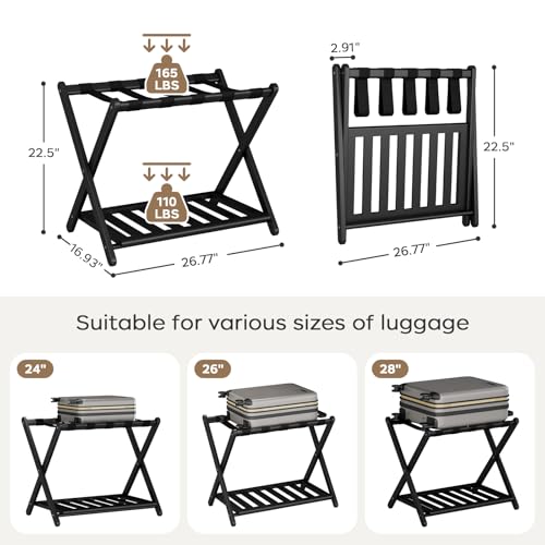 2 Pack Fully Assembled Black Luggage Racks, Bamboo 26.77" Folding Suitcase Stand for Guest Room with 5 Nylon Straps, Heavy Duty, Upgraded Luggage Rack Holder with Shelf for Bedroom Hotel